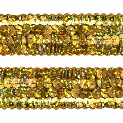 Тесьма с пайетками D16, шир. 20 мм/уп. 25+/-1 м, цвет золото - купить в Кирове. Цена: 778.19 руб.